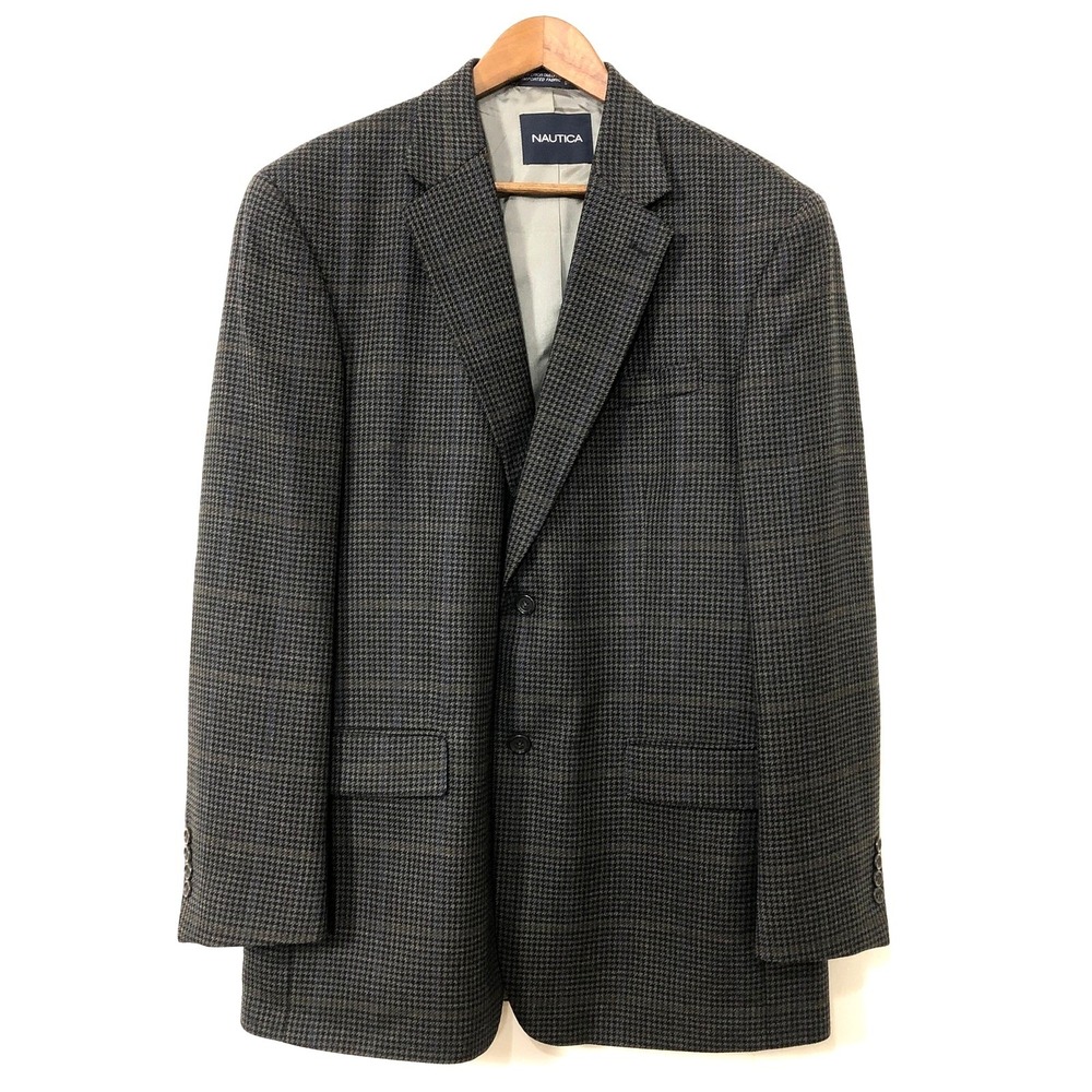 Nautica 100% Lambswool Houndstooth Sport Coat Blazer 42L Classic Fit 90s Prep